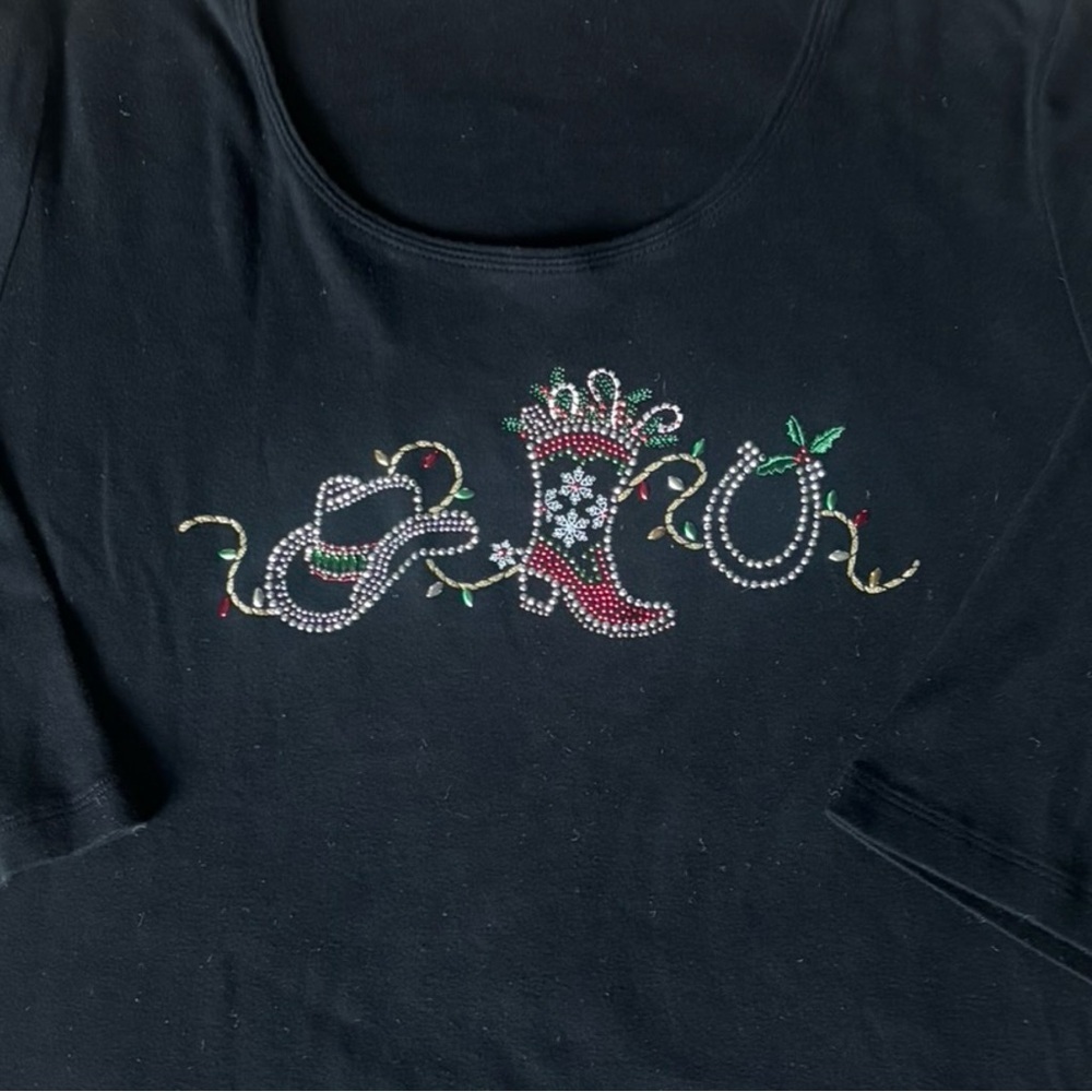 Y2K Western Cowboy Christmas Holiday Sparkly Rhinestone Top – Black – XL